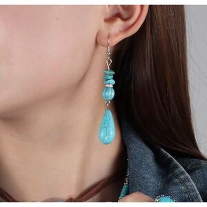 Boho Faux Turquoise Beaded Teardrop Long Dangle Earrings Silver Tone Hook